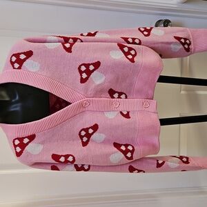 SWEET SOCIETY Pink Mushroom Cardigan with Heart Buttons - L